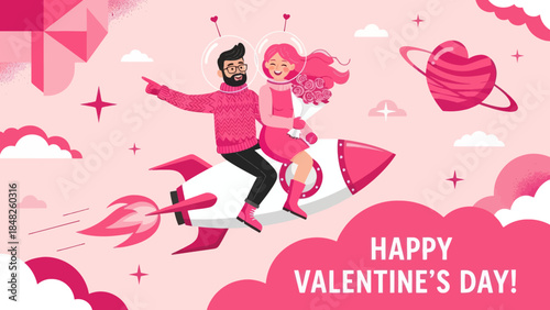 Romantic Valentine’s Day illustration of a happy couple riding a rocket through pink clouds and stars, holding flowers. Love, fantasy, and space-themed artwork perfect for greeting cards and celebrati