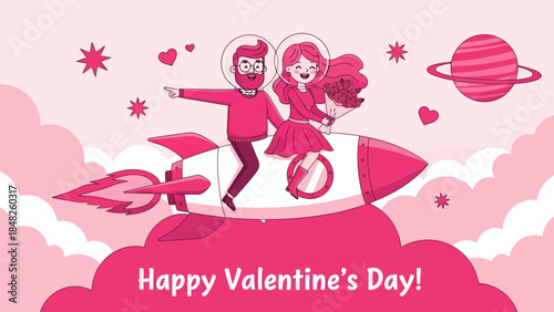 Romantic Valentine’s Day illustration of a happy couple riding a rocket through pink clouds and stars, holding flowers. Love, fantasy, and space-themed artwork perfect for greeting cards and celebrati