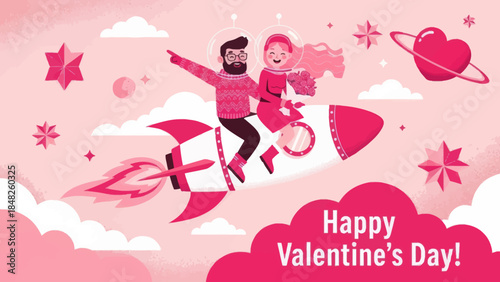 Romantic Valentine’s Day illustration of a happy couple riding a rocket through pink clouds and stars, holding flowers. Love, fantasy, and space-themed artwork perfect for greeting cards and celebrati
