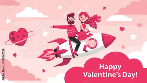 Romantic Valentine’s Day illustration of a happy couple riding a rocket through pink clouds and stars, holding flowers. Love, fantasy, and space-themed artwork perfect for greeting cards and celebrati