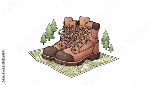 Detailed Illustration of Hiking Boots on Contour Map for Nature Exploration and Adventure Planning.