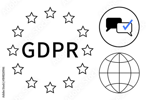 GDPR text with star circle, speech bubble with checkmark, and global symbol. Ideal for data privacy, legal compliance, digital security, internet regulation, online business, global communication