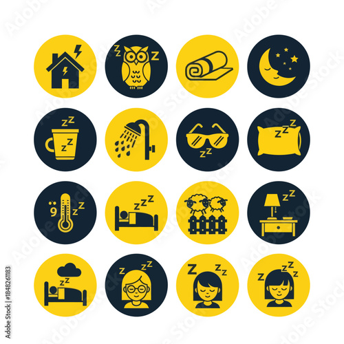 Minimal sleep routine icon set in flat yellow and black style featuring bedtime habits, night symbols, relaxation, and rest activities. Ideal for wellness, sleep tracking, and lifestyle design.