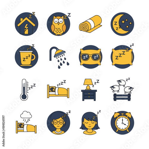 Minimal sleep routine icon set in flat yellow and black style featuring bedtime habits, night symbols, relaxation, and rest activities. Ideal for wellness, sleep tracking, and lifestyle design.