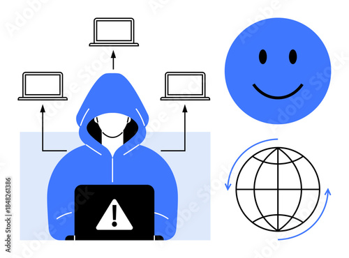 Cybersecurity concept. Cybersecurity illustrated with hacker, laptop threat, networked computers, global connectivity, and a happy face. Cybersecurity for online safety, data protection, IT systems