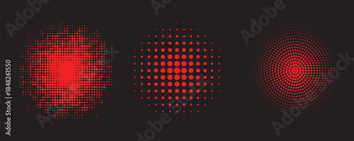 Halftone circles set. Duotone round shaped transition. Modern design elements for icon, emblem, logo, border, frame, pattern, backdrop, wallpaper. Abstract geometric background, vector illustration.