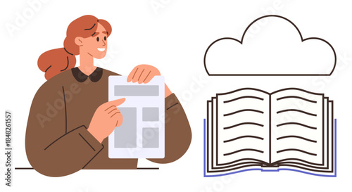 Smiling woman holds document open book with cloud symbolizes learning, digital storage, and education. Ideal for online learning, knowledge, presentation, study, connectivity collaboration. Simple