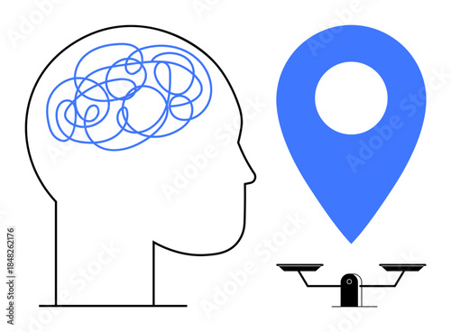 Mental health, decision-making, problem-solving, work-life balance, navigation challenges, and personal development. Outline of a head with tangled lines, map pin and scale. Mental health