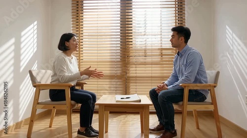 Therapy Session - A Man and Woman Discussing Issues in a Bright Room.