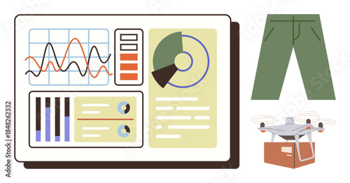 Digital dashboard with charts and metrics, green pants illustration, delivery quadcopter carrying a box. Ideal for tech, logistics, retail, sustainability, fashion, analytics modern innovation