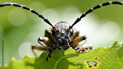 Longhorn beetle pest eating a green leaf