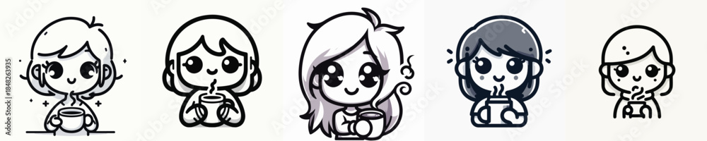 Fototapeta premium Cute and Adorable Girl Drinking Coffe Vector Illustration
