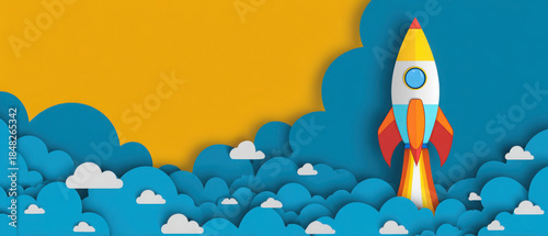 Colorful rocket launching into a bright sky surrounded by fluffy clouds, symbolizing innovation and adventure in exploration