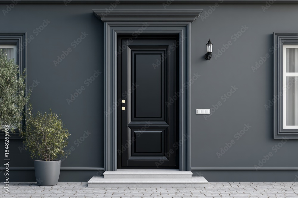 Fototapeta premium Classic architectural facade features a dark paneled entrance door flanked by foliage and windows