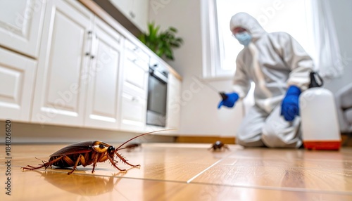 Cockroach on kitchen floor in focus with a pest control exterminator in protective suit spraying insecticide in the background.