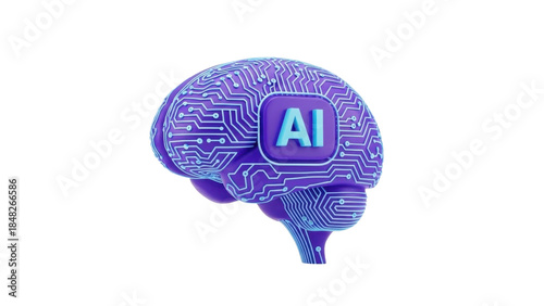 3D icon AI brain circuit, isolated on white background