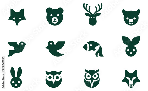 Minimalist Dark Green Forest Animal Icon Set with Fox Bear Deer Owl Rabbit Dove Vector