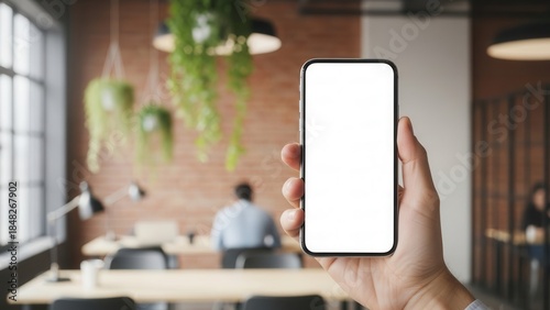 Professional hand holding a mobile phone mockup with white screen in a contemporary coworking space environment