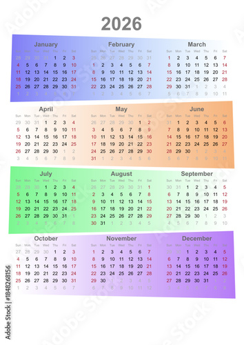 Calendar vector template for 2026 year. Week Starts on Sunday. Transparent background SVG version.