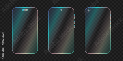 Smartphone Mockup Set with Iridescent Glass Screen and Holographic Frame on Transparent Background
