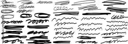 Collection of hand drawn black marker scribbles underlines circles and abstract doodle elements for design.