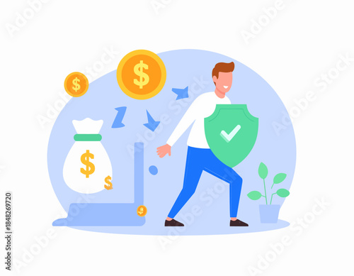 Financial security illustration: man protecting money