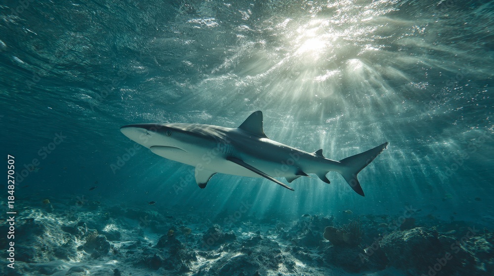 Fototapeta premium A stunning underwater shot reveals a sleek shark gliding through sunlit turquoise water, showcasing marine life and the ocean's depths