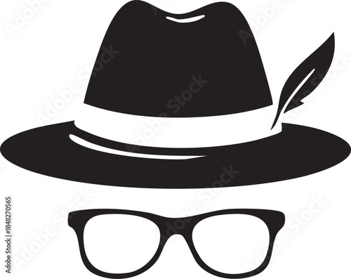 A stylish gentleman wearing a classic black felt cowboy hat and vintage sunglasses poses as a fashion object of retro design