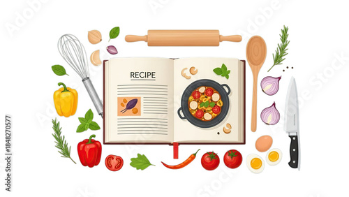 Colorful cooking ingredients and utensils surrounding recipe book on transparent background