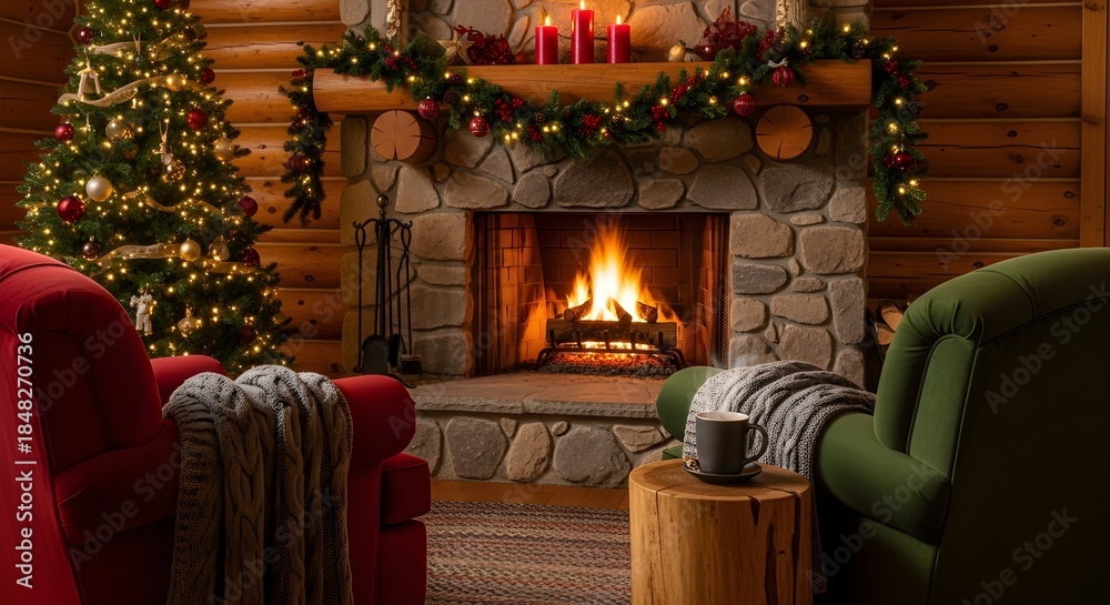 Obraz premium Cozy Christmas Fireplace Cabin.