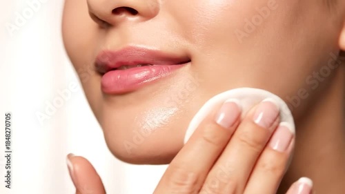 Woman cleaning face with cotton pad