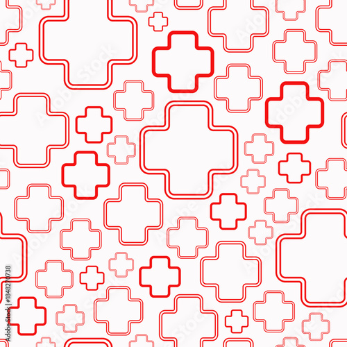 First aid seamless pattern, red crosses on white background. Vector design.