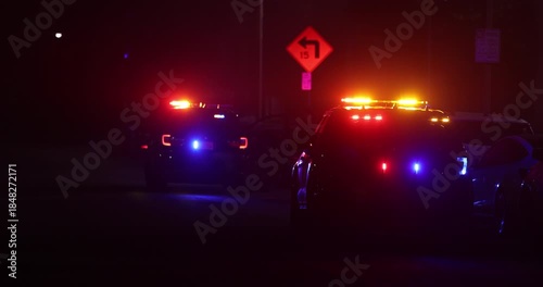 Illuminated night view of police units on a city street.
