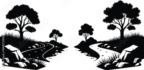 A black silhouette of trees path and grass on transparent background