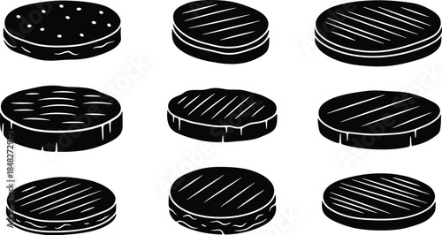 Nine black burger patties in various textures on transparent background silhouette