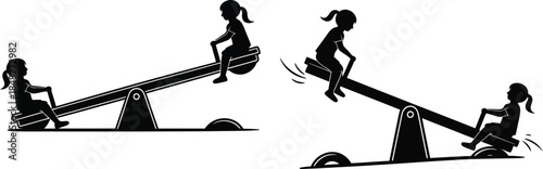 Children playing on a seesaw duplicated image black silhouette on transparent background