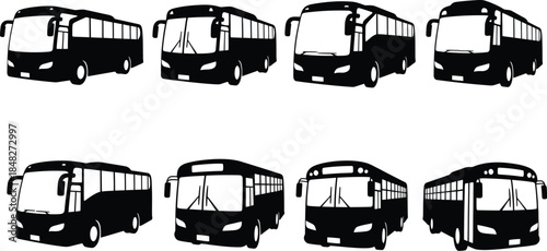 Multiple bus views in a row black and white on transparent background silhouette