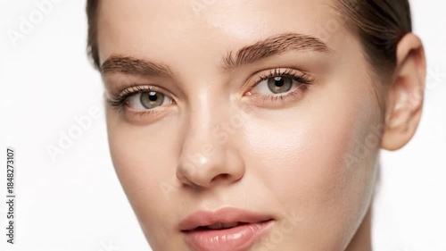 Headshot of a young woman's face against a white background