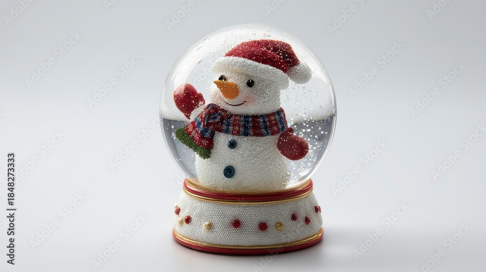 Fototapeta premium A whimsical snow globe showcases a cheerful snowman inside, waving with a smiling face. It has a red and white hat and scarf. Set against a white background
