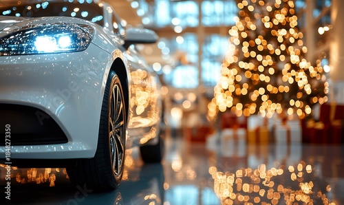 White car in a dealership with sparkling headlights, reflecting golden bokeh lights from a blurred christmas tree and wrapped presents