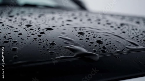 Raindrops bead on black, reflecting light on a car hood