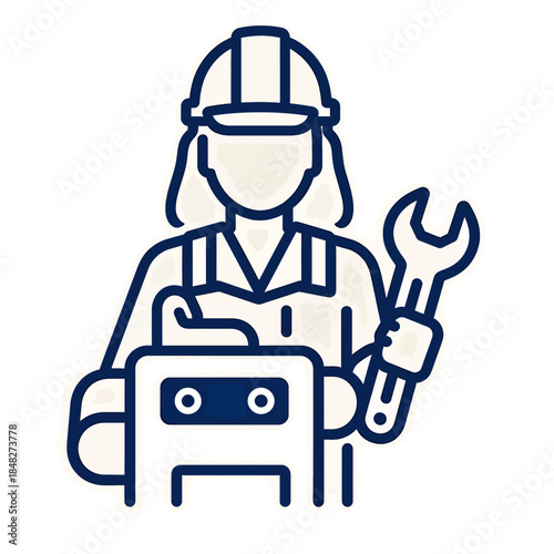 Worker holding a wrench near machinery serves as an icon for technical maintenance or repair service advertising.