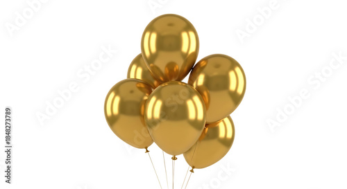 Bunch of shiny golden balloons, with white strings, isolated on a transparent background, cutout, PNG