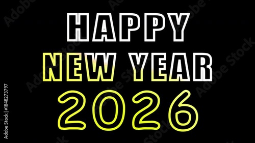 Happy New Year 2026 greeting animation with glowing gradient text animation on black background. 4K text animation of celebration banner concept with motion graphic.