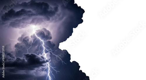 Dramatic lightning strike, with dark stormy clouds with rain, isolated on a transparent background, cutout, PNG