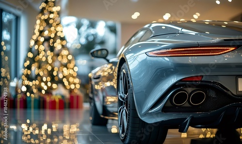 Modern sports car parked in a dealership showroom during the festive season, with a blurred christmas tree and gifts in background