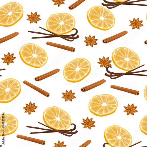 Vector seamless pattern of dried lemon slices, cinnamon sticks, star anise and vanilla beans isolated on white background, natural aromatic spices and citrus ingredients print.