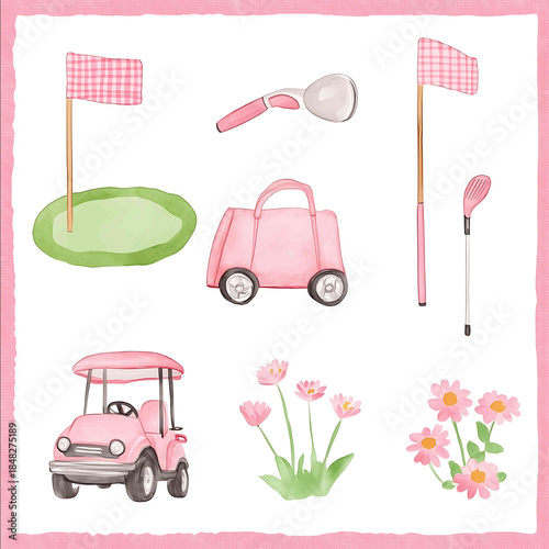 Golf carts and golf club pattern pastel colors cute baby design for childrens pajamas small golf bag in the background white with pink gingham border golf