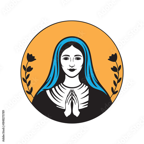 virgin mary illustration in modern sacred art style with halo