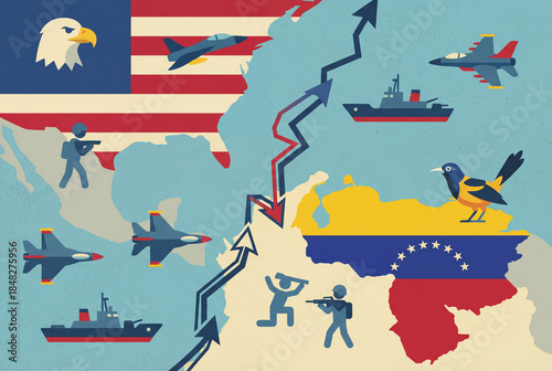 Conceptual illustration showing geopolitical tension between the United States and Venezuela on a map, military aircraft and ships facing off for conflict and security news